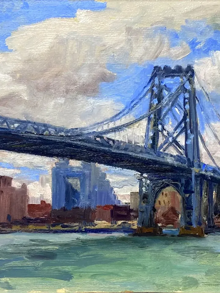 New York City Oil Painting - Williamsburg Bridge/NYC- 10x20 Oil on Panel, Plein Air Urban Impressionist Fine Art, Signed and Framed Original