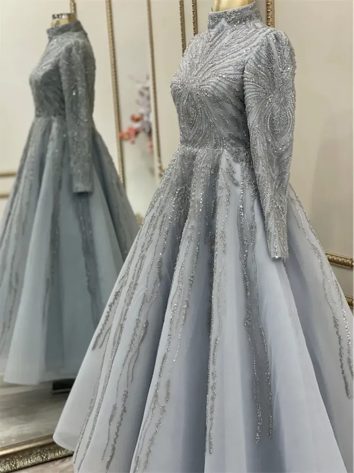 AHUNARE HIJAB - Masal Tam Daire Ice Blue Embroidered Wedding Dress, Muslim Evening Gown, Nikah, Islamic Wedding, Engagement, Bridesmaid,