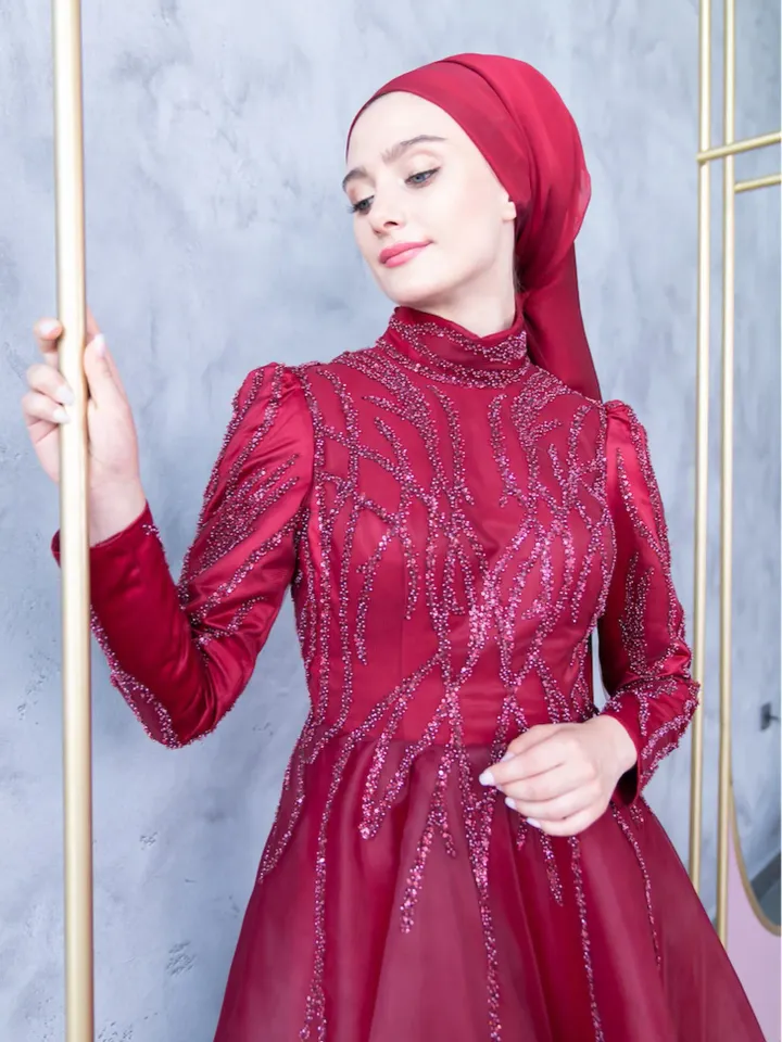 AHUNARE HIJAB - Petek Burgundy Embroidered Wedding Dress, Muslim Evening Gown, Nikah, Islamic Wedding, Engagement, Bridesmaid,