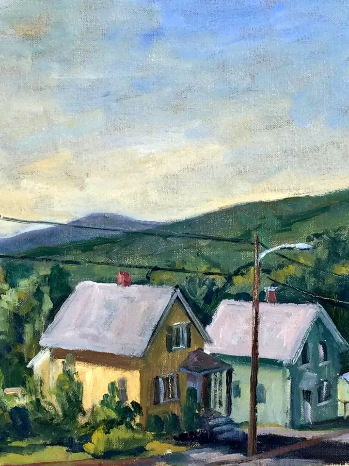 Original Landscape Painting -Sunny Houses- 14x20 Oil on Linen, Plein Air Berkshires Impressionist Fine Art, Signed American Street Scene