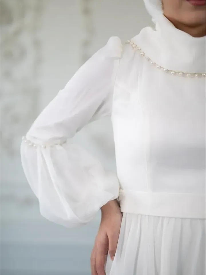 AHUNARE HIJAB - İncioya - White Embroidered Belted Wedding Dress, Muslim Evening Gown, Nikah, Islamic Wedding, Engagement, Bridesmaid,