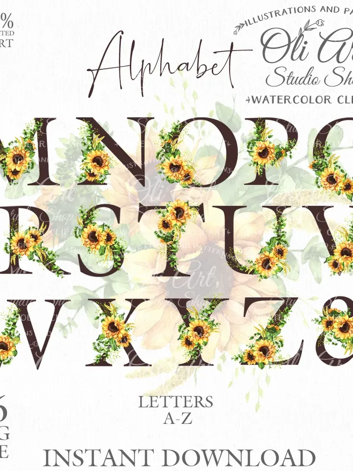 Alphabet Clip Art. Sunflowers Flowers. Letters Clip Art. Hand Drawn graphics. Digital Download. OliArtStudioShop