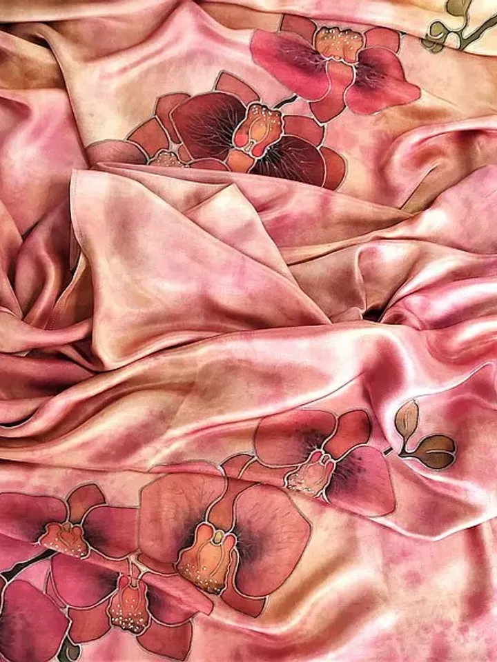 Beautiful long silk scarf Hand painted scarf Orchid print scarf silk satin scarf