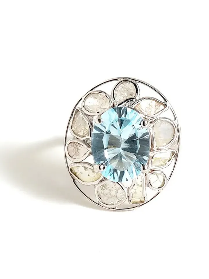 Natural Blue Topaz Ring, Polki Diamond Ring, Adjustable Ring, Engagement Ring, Art Deco Ring, Wedding Gift, Anniversary Gift, Solitaire Ring