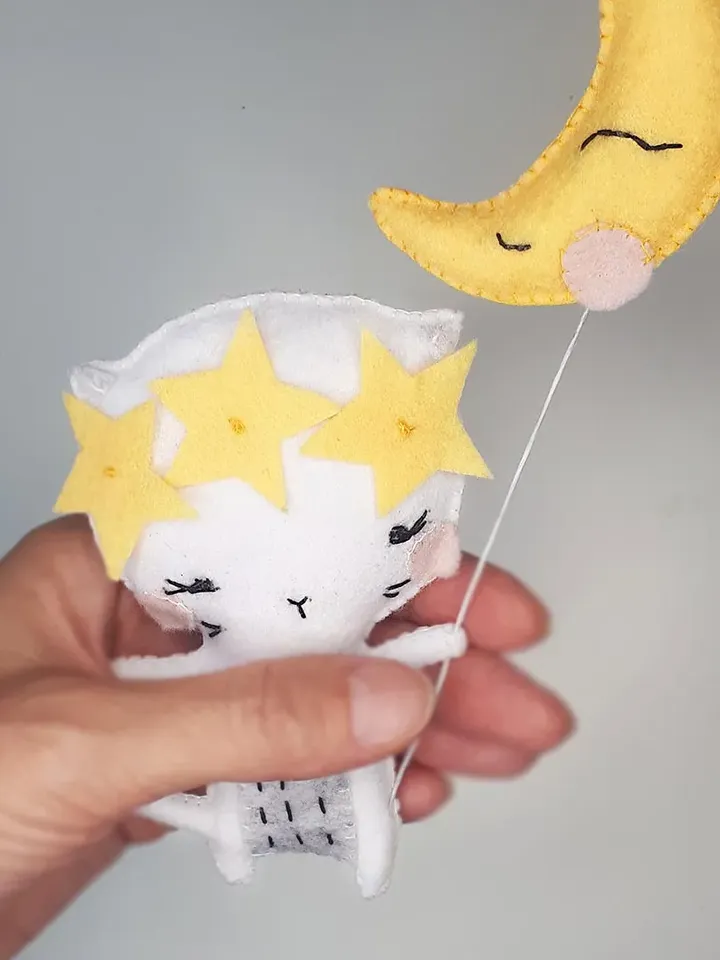 Cat Christmas ornament pattern, white cat stuffed animals and plushies patterns , moon and stars felt pattern