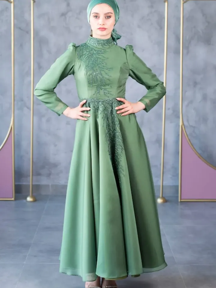 AHUNARE HIJAB - Mimoza Green Embroidered Wedding Dress, Muslim Evening Gown, Nikah, Islamic Wedding, Engagement, Bridesmaid,