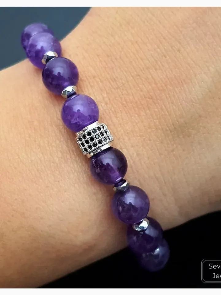 Natural Amethyst Bracelet, Hematite  Gemstone, High Quality Beads, Basic Design Arm Band, Adjustable Jewelry, Gifts For Mom, Purple Gemstone