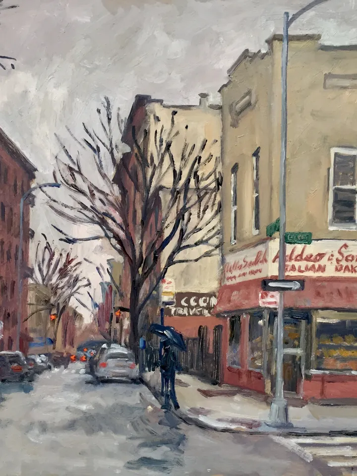 Original Bronx Cityscape Painting -Addeo and Sons Bakery/NYC- 12x12 Oil on Panel, Impressionist Landscape, Signed Little Italy Street Scene