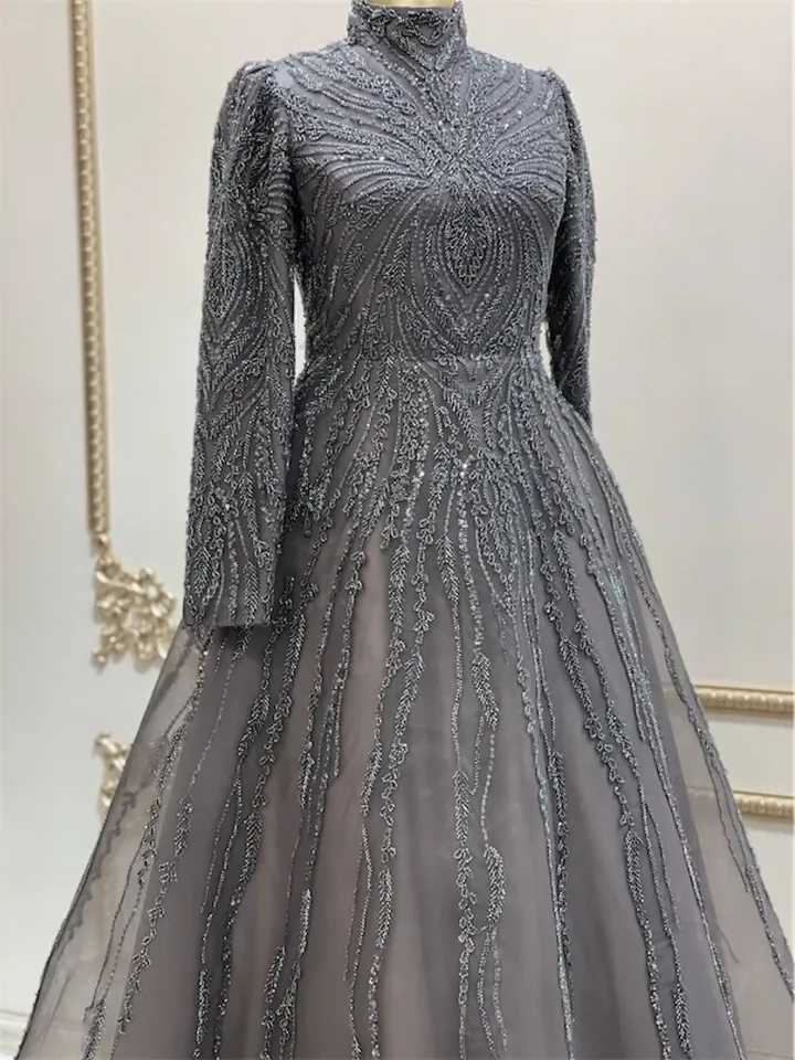 AHUNARE HIJAB - Masal Yarım Daire Smoked Embroidered Wedding Dress, Muslim Evening Gown, Nikah, Islamic Wedding, Engagement, Bridesmaid,