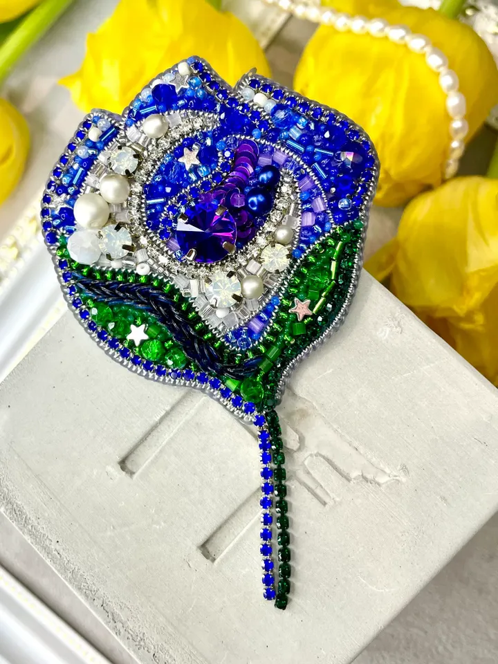 Beaded Flower Brooch, Handmade Embroidered Accessory, Pin Blossom in Blue Color with Half-moon Crescent, Moon Brooch
