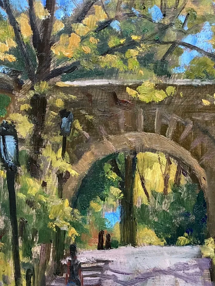 Original New York Landscape Painting- Linden Arch/Fort Tryon Park/NYC- 10x10 Oil on Panel, Plein Air Impressionist Fine Art