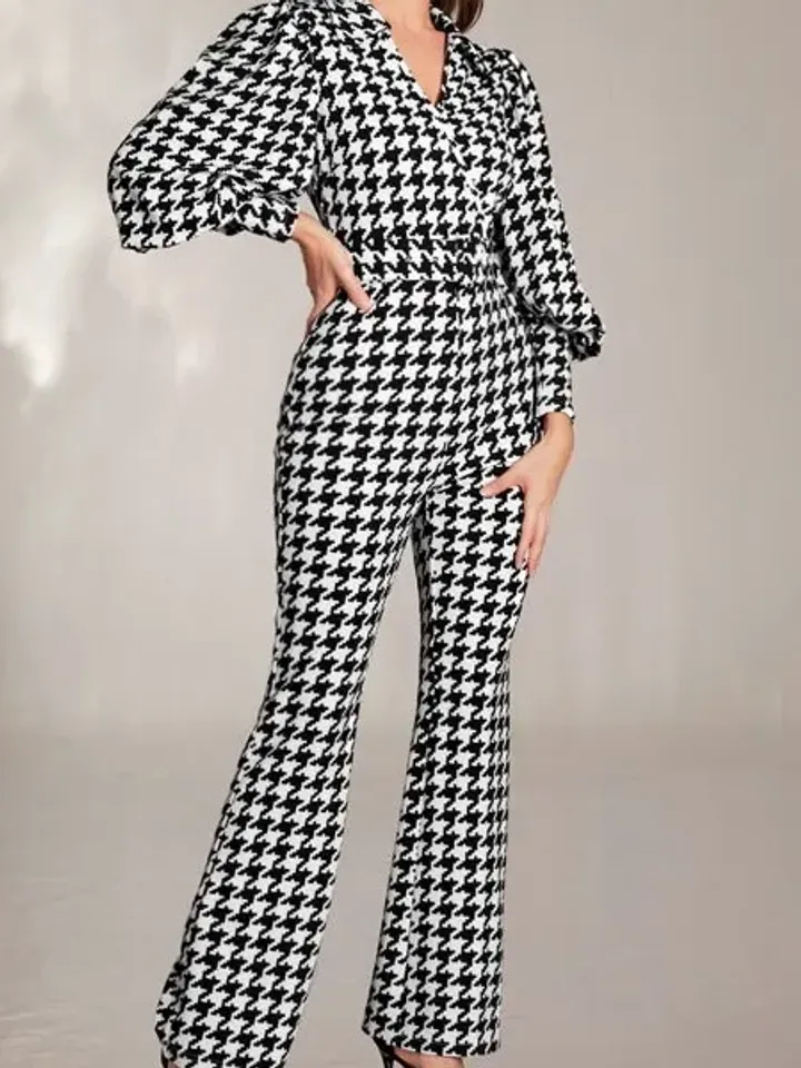 Houndstooth Print V Neck Bishop Sleeve Belted Flare Leg Jumpsuit