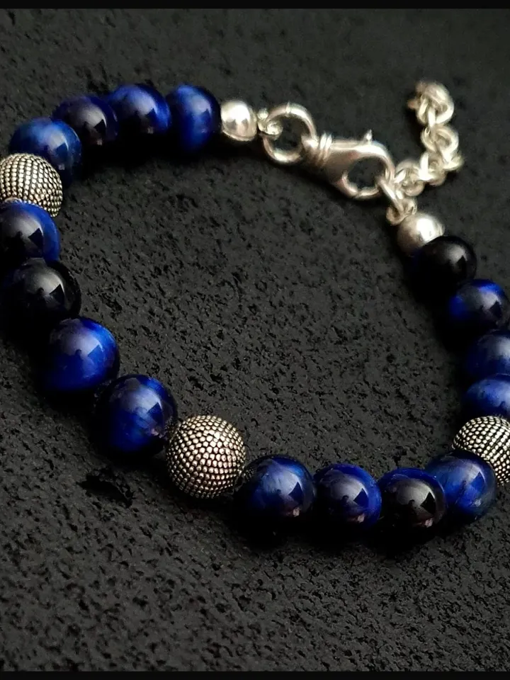 Navy Tiger's Eye Silver Bracelet, Masculine Bracelet, Silver Bracelet for Men, Gift For Your Loved One, Handmade Gemstone Silver Bracelet