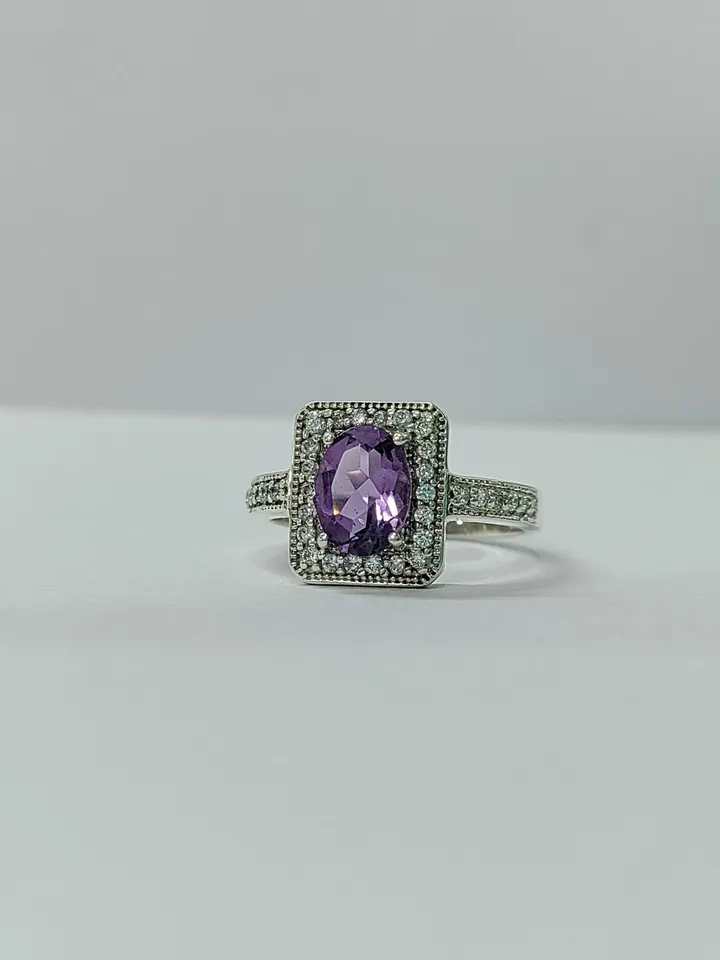 Natural Amethyst Ring, Engagement Ring, Pave CZ Ring, 925 Sterling Silver Ring, Purple Amethyst Wedding Ring, Bridal Jewelry, Oval Cut Ring