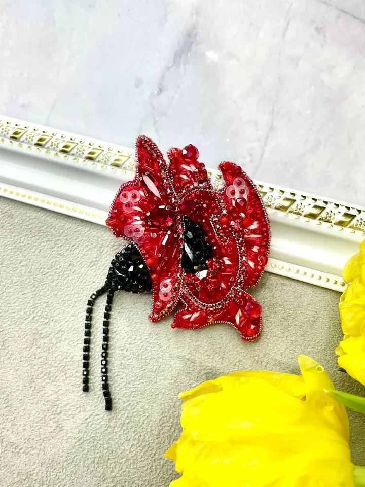 Poppy Brooch in Red and Black Colors, Handmade Embroidered Accessory, Flower Pin, Flower Brooch, Red Brooch