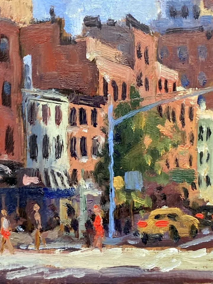 Small Original New York Cityscape Painting -Down 9th Ave/Chelsea/NYC- 4x4 Oil on Panel, New York Urban Impressionist Landscape