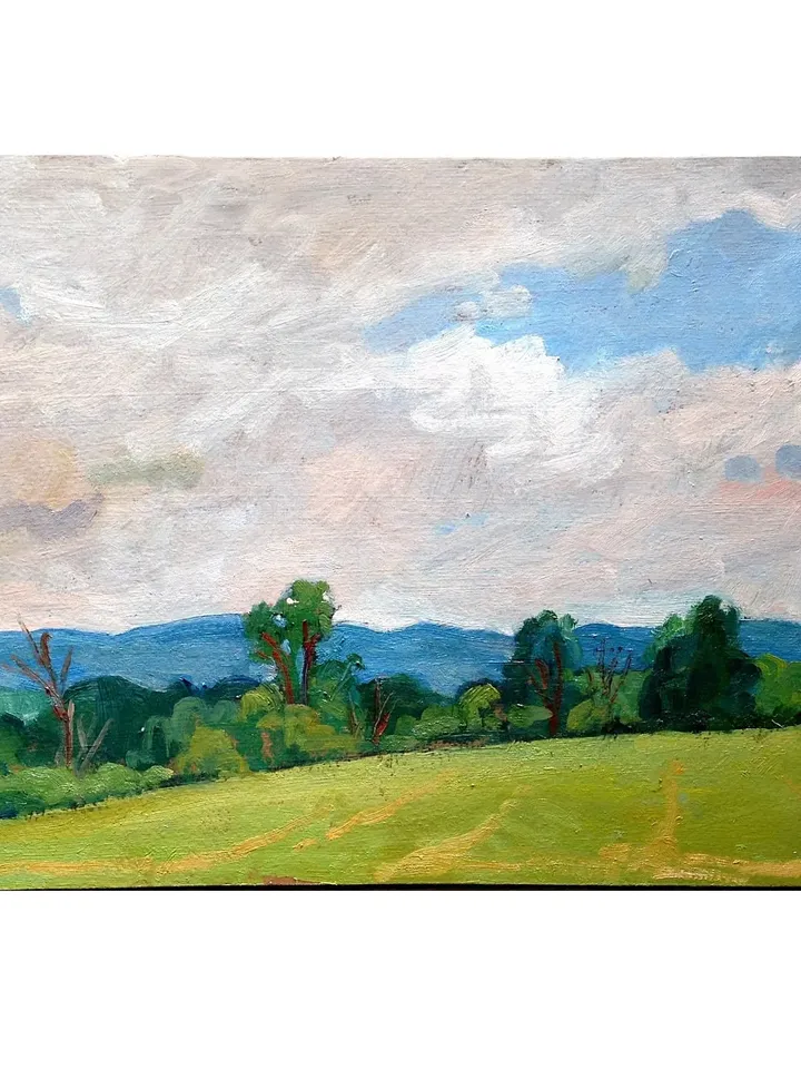 Original Berkshires Landscape Painting - Summer Fields and Sky - 10x20 Oil on Panel, Plein Air Impressionism, Signed Original Fine Art