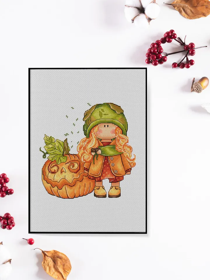 Girl Cross Stitch Pattern, Autumn Cross Stitch PDF Instant Download, Pumpkin Cross Stitch Pattern, Little Girl Counted Pdf Chart