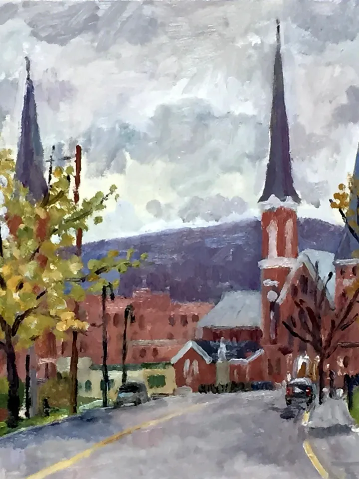 Original New England Landscape Painting -Spring Light/North Adams- 8x8 Oil on Panel, Small Plein Air Impressionist Scene, Signed Original