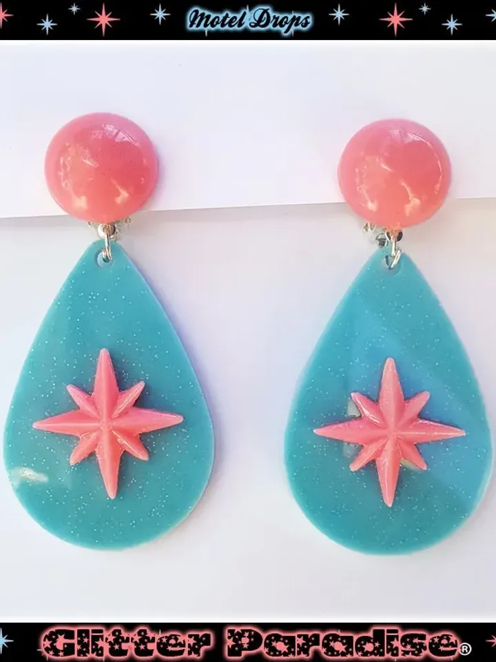Motel Drop Deluxe - Starlite Earrings - Retro Star Jewelry - Stars - 50s Motel Style - Mid-Century Modern Drop Earrings - Glitter Paradise®