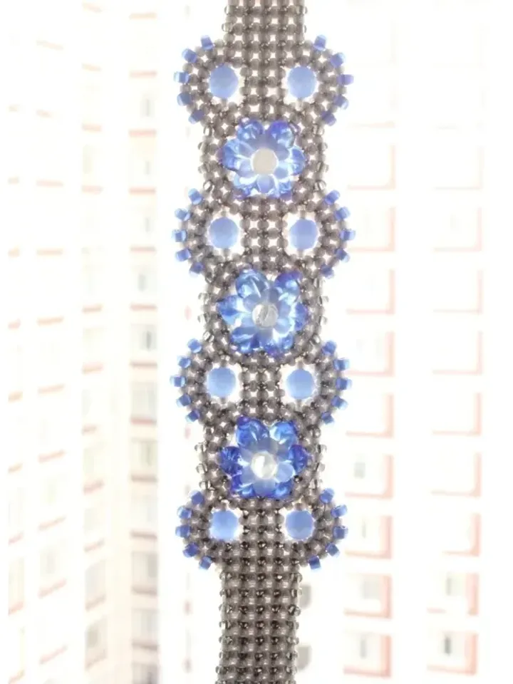 Gray blue cuff flower bracelet lampwork beads beaded bracelet