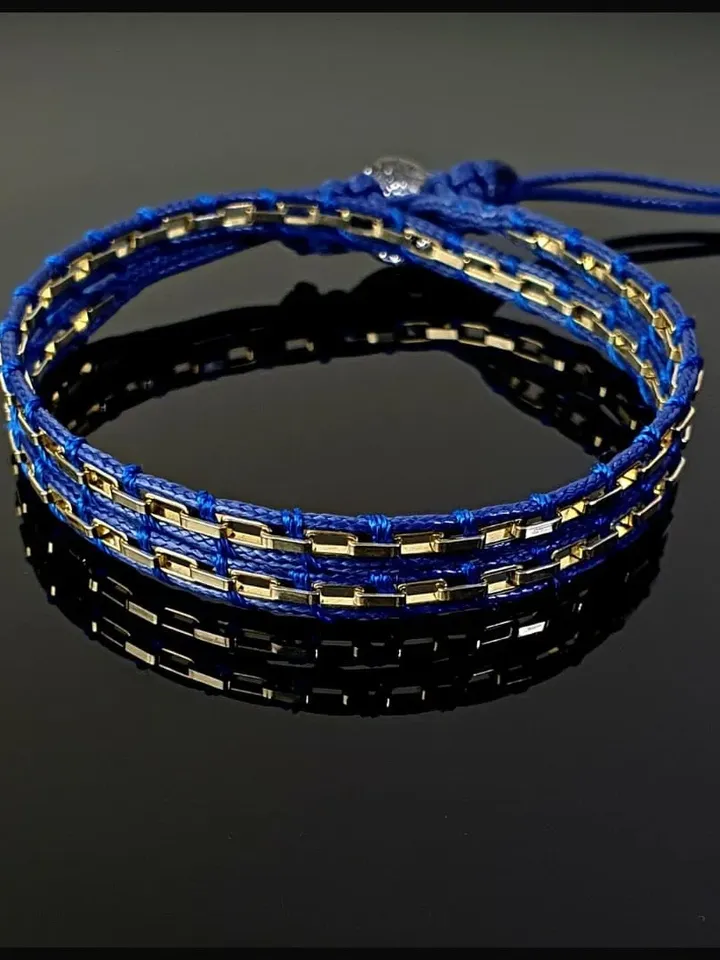 Solid Silver Chain Twisted Blue Bracelet, Adjustable Two Line Clingy Wristlet, Christmas Jewelry, Gift for Men and Women, Minimal Style