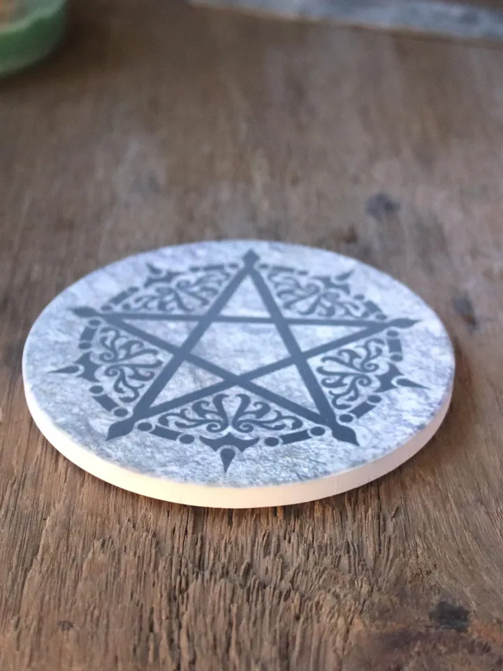 Sandstone Pentacle Tile, Altar Tile, Pentacle Coaster, Pentacle Disk, Original Art Pentacle Design on Sandstone Tile