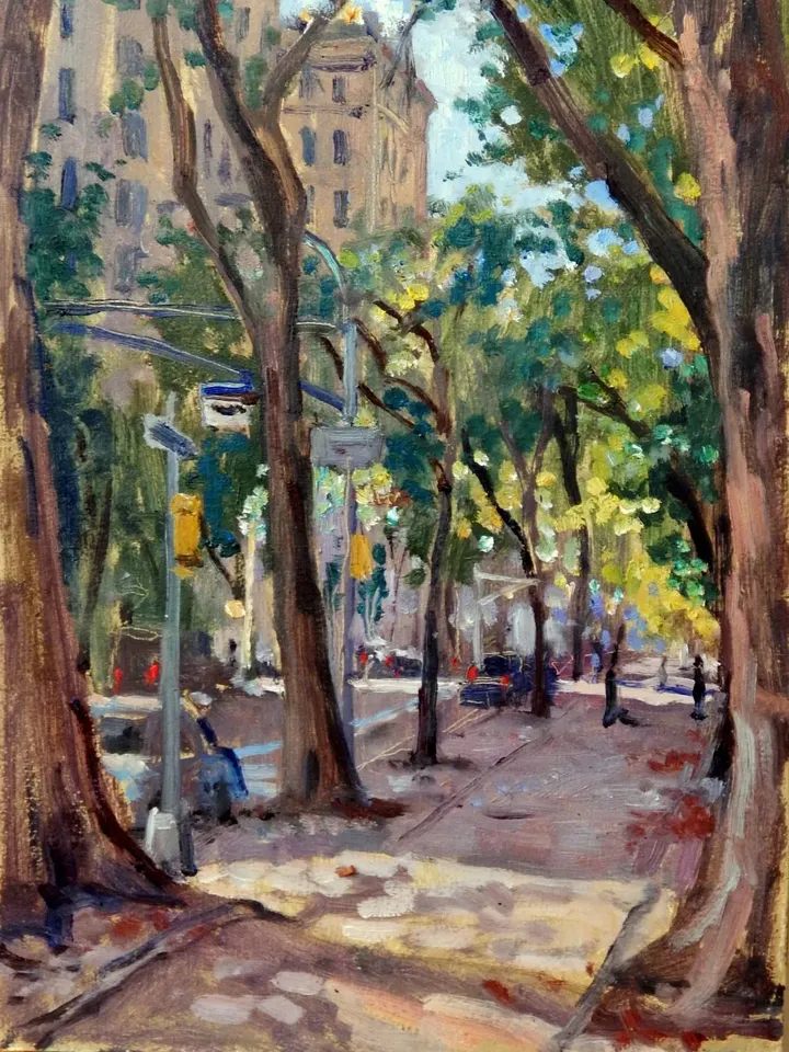 Original New York Cityscape Painting - Along Central Park/Fifth Avenue/NYC - 10x18 Oil on Panel, Plein Air Impressionist Landscape
