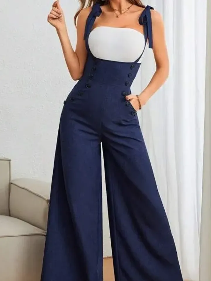 Navy Blue Elegant Straps Double Breasted Pockets High Waist Wide Leg Suspender Jumpsuit Overall Women Ladies