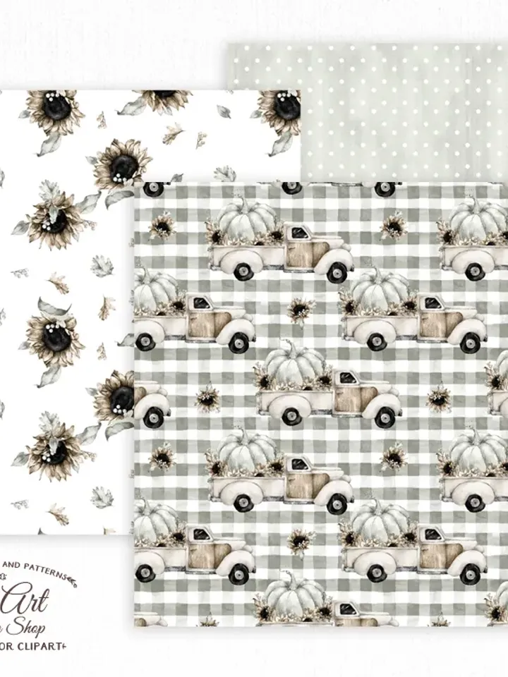 Digital paper pack. Watercolor truck with pumpkins and sunflower