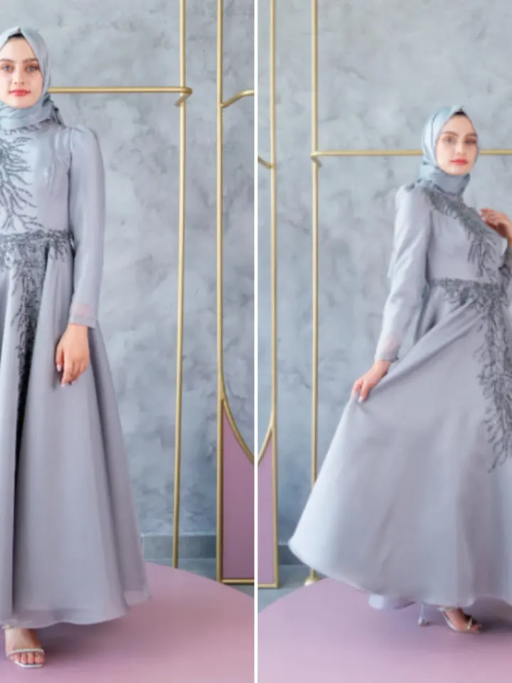 Mimoza Grey Embroidered Ahunare Wedding Dress, Muslim Evening Gown, Nikah, Islamic Wedding, Engagement, Bridesmaid, Maxi Dress