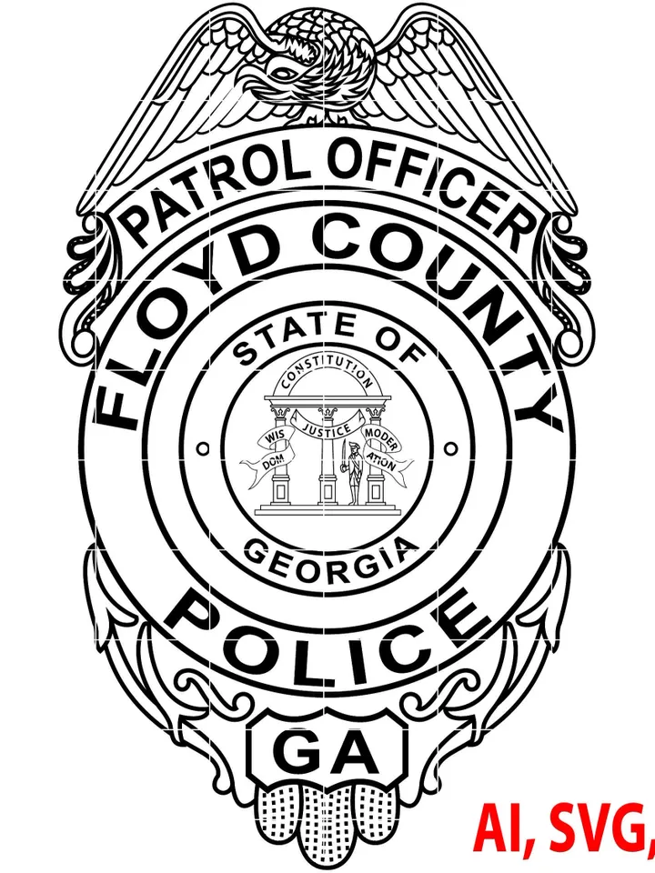 Police Badge, Floyd County State of Georgia Police Patrol Officer Badge, Logo, Seal, Custom, Ai, Vector, SVG, DXF, PNG, Digital