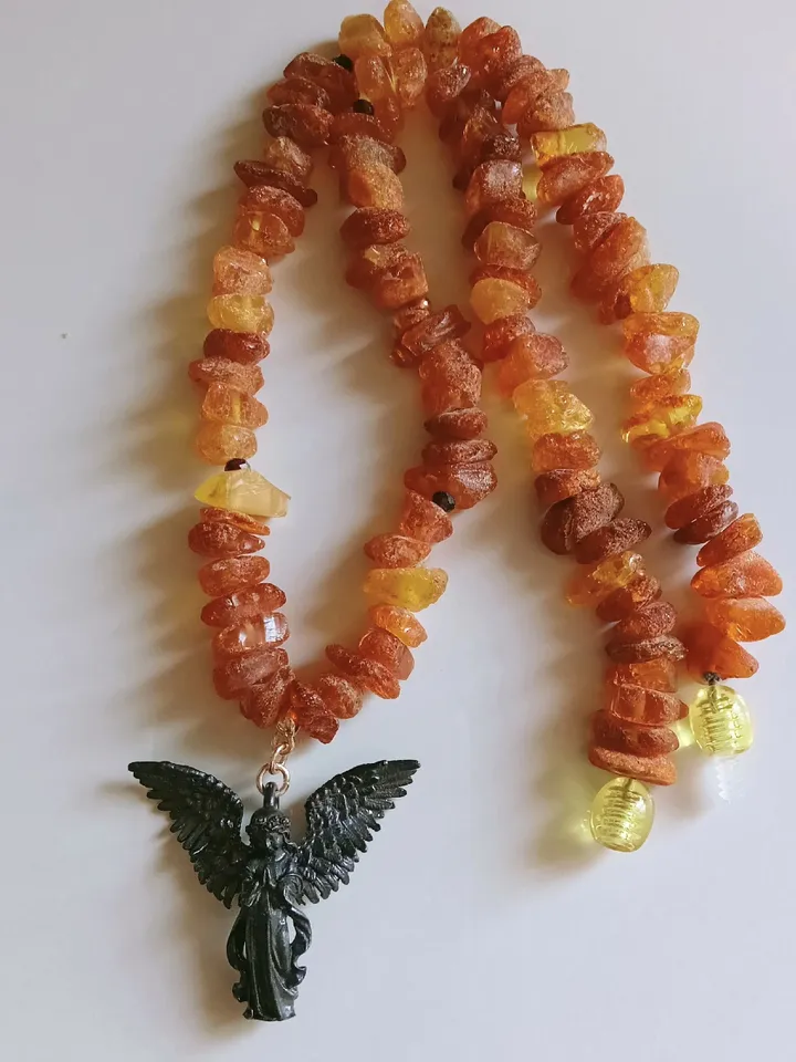 Raw Baltic Amber Necklace with black Angel Pendant Protection Jewelry Spiritual necklace Beaded Healing Stone necklace