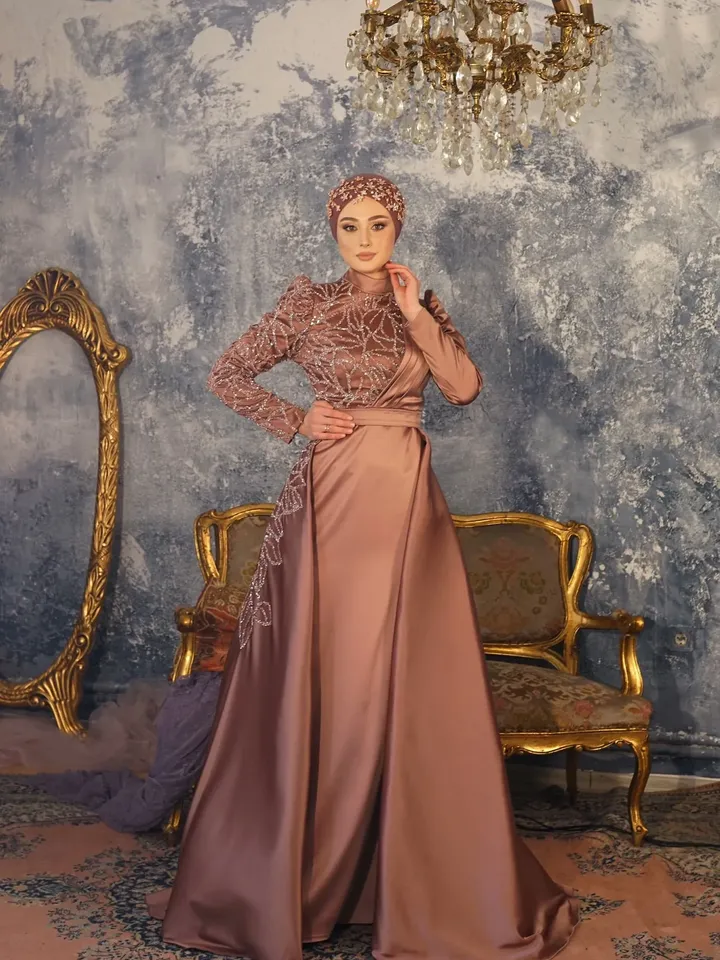 AHUNARE HIJAB - Zade  Satin Copper Peplum Wedding Dress, Muslim Evening Gown, Nikah, Islamic Wedding, Engagement, Bridesmaid,