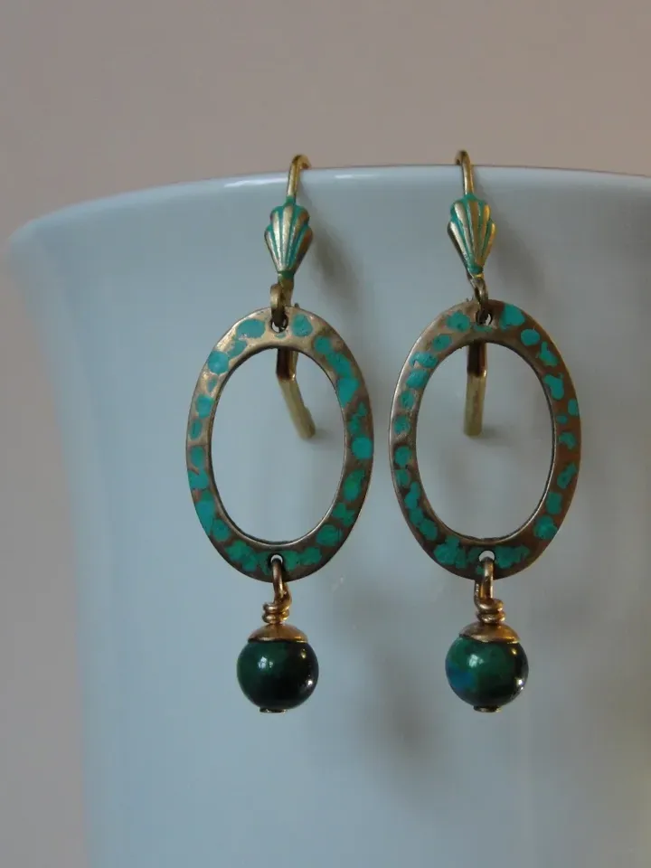 Boho Shabby chic Vintaj solid and natural brass Chrysocolla earrings Textured patinated