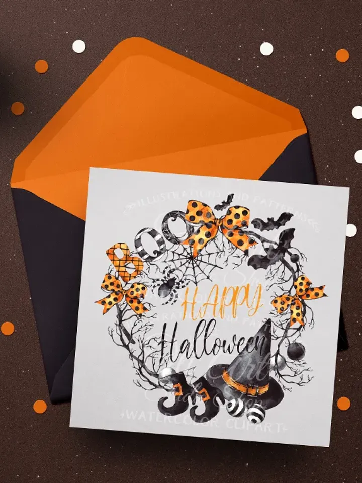 Happy Halloween Wreath, Pumpkin, Witch Hat. Hand painted clipart. Sublimation Png, Design Digital Download