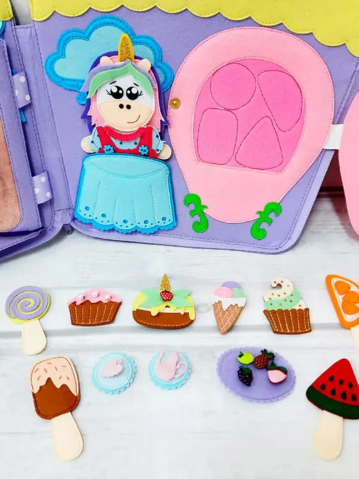 Magic unicorn house, Doll house and toy with clothes, Little girls handbag, Felt books for toddlers
