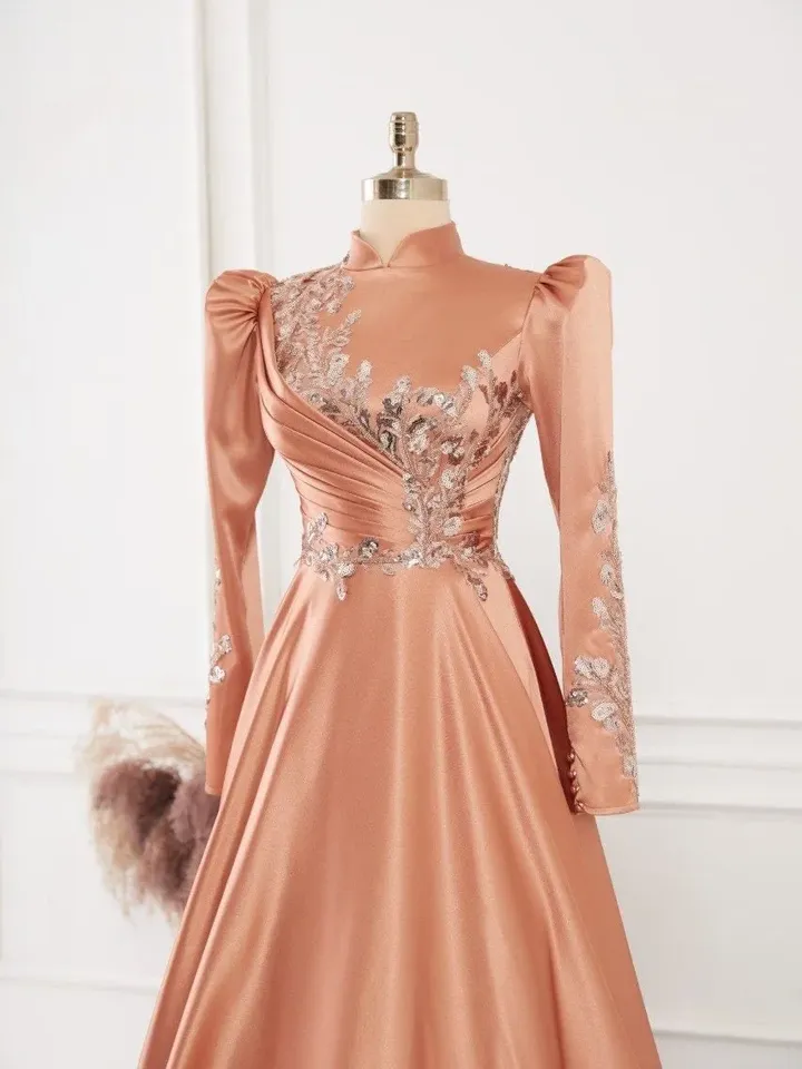 AHUNARE HIJAB - Nisa Salmon Satin Wedding Dress, Muslim Evening Gown, Nikah, Islamic Wedding, Engagement, Bridesmaid,