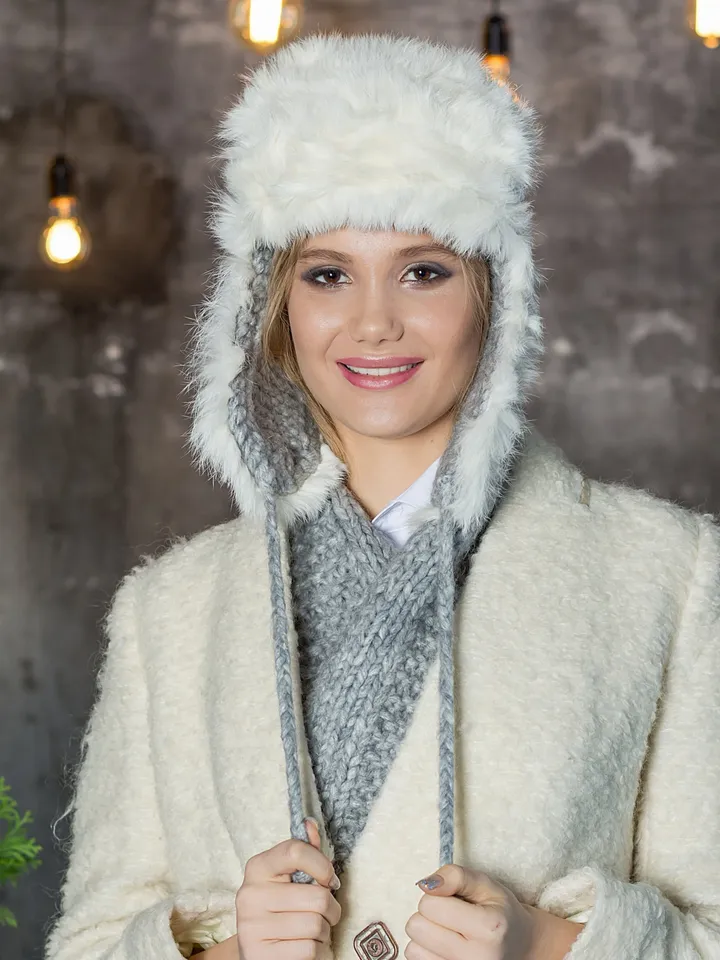 Knitted hat and scarf set. Hat with ears and real fur trim. Handmade.