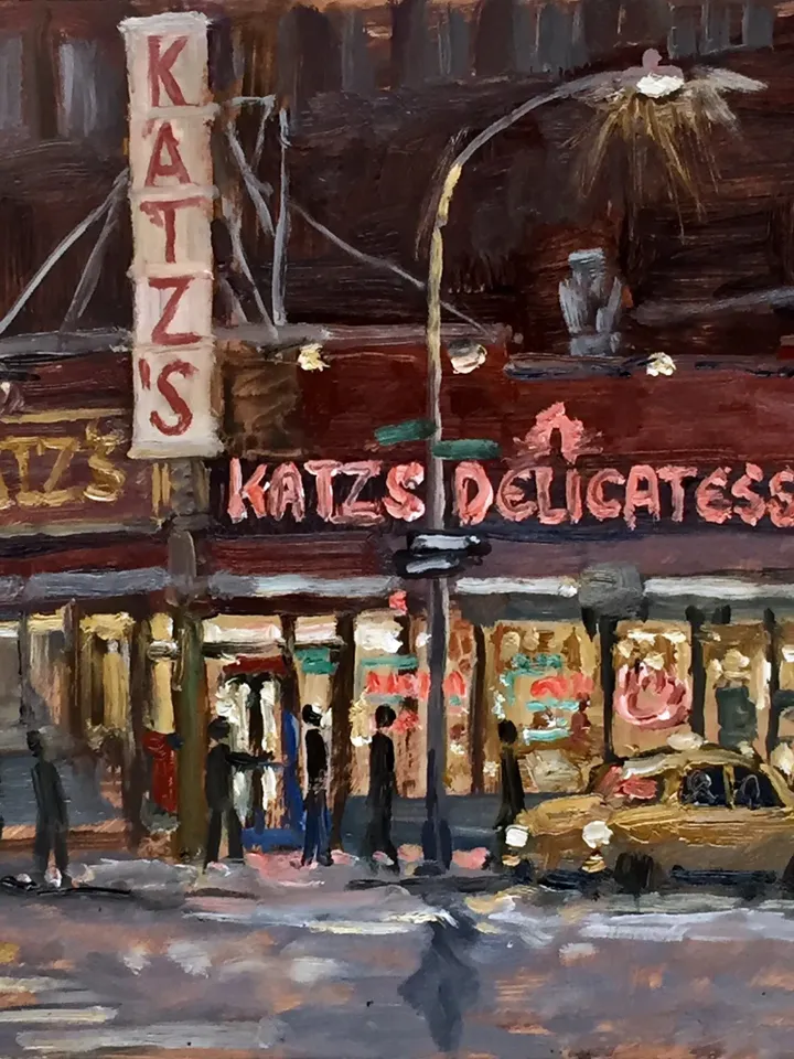 New York Cityscape Painting - Katz's Deli Nocturne/NYC - 9x12 Oil on Panel, Impressionist Landscape Night Scene, Signed Original