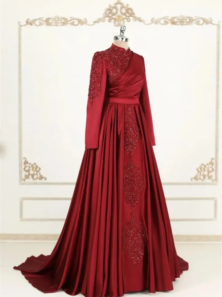 AHUNARE HIJAB - Hürrem Burgundy Embroidered Wedding Dress, Muslim Evening Gown, Nikah, Islamic Wedding, Engagement, Bridesmaid,