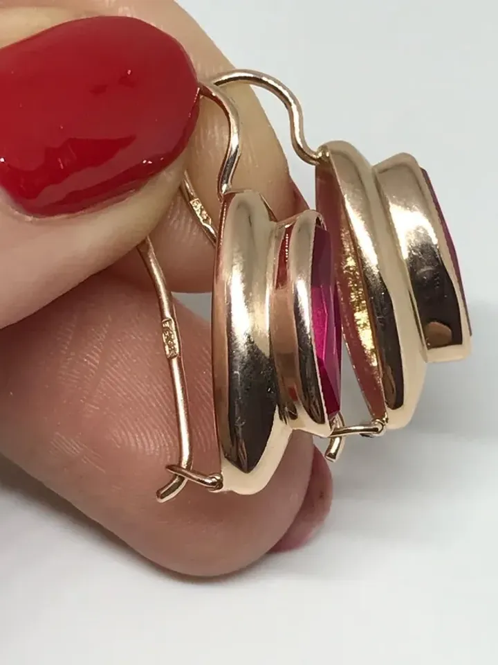 Graceful 14K Earrings Red Ruby Stone USSR 583 Rose Gold  Soviet Retro Russian Women's jewelry Vintage gift woman
