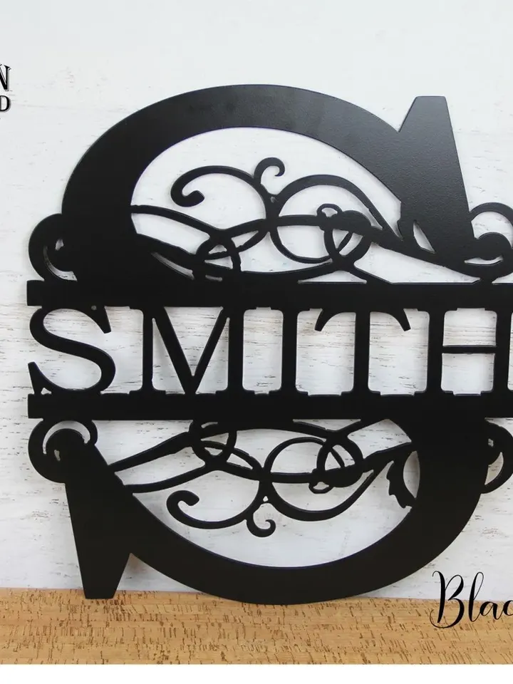 Fancy scrolled monogram Family name sign, front porch decorative sign,  decorative address sign, Custom metal sign.