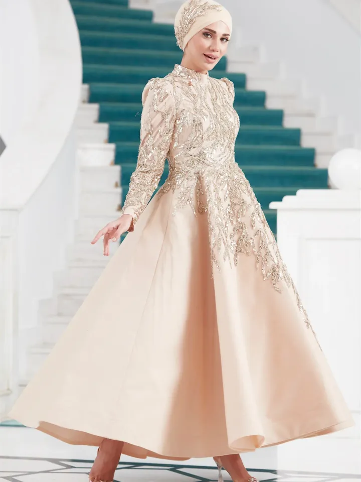 AHUNARE HIJAB - Yıldız Cream Embroidered Wedding Dress, Muslim Evening Gown, Nikah, Islamic Wedding, Engagement, Bridesmaid,
