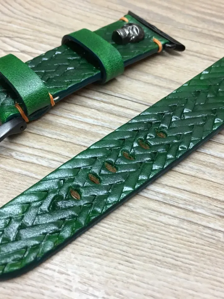 Green Leather Engraved Apple Watch Band Series 6 44mm, Apple Smart Watch Band Series 7 45mm with Skull Sterling Silver Stud, iWatch Straps