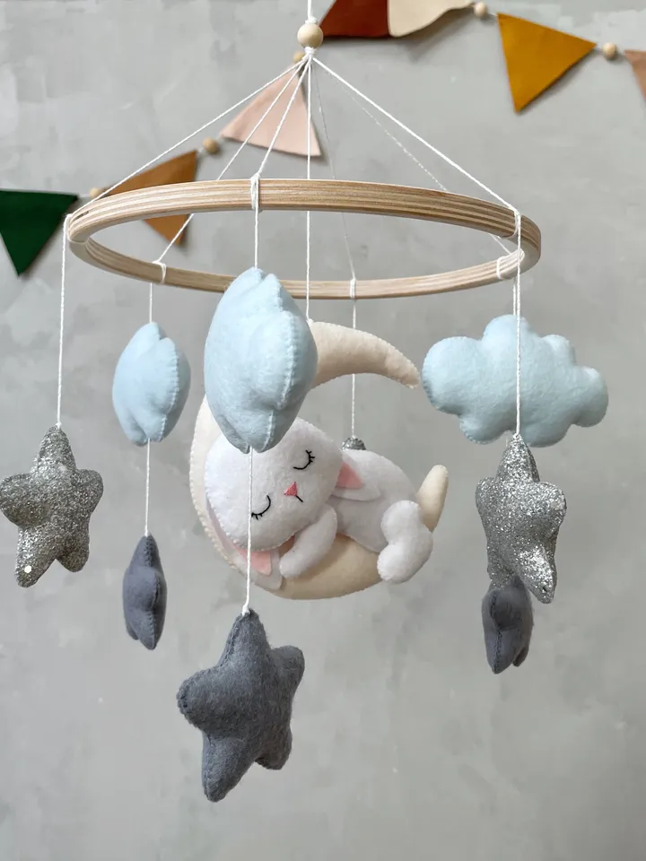 Bunny baby mobile boy blue, Bunny crib mobile boy, Woodland cot mobile baby boy bunny