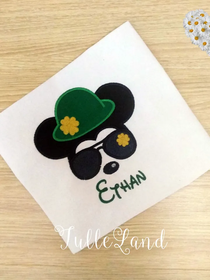 St_Patrick's Day Mr Mouse with glasses Green Hat with Shamrock Patrick's Boy Applique Design for Machine Embroidery
