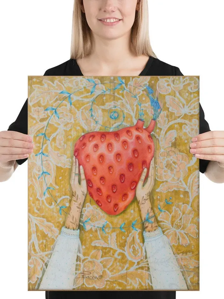 Big heart in hands, Strawberry heart, print on canvas from the original work by Ukrainian artist Aleksandra Paranchenko, Wall décor
