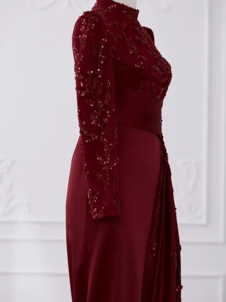 Tılsım Ahunare Burgundy Satin Wedding Dress, Muslim Evening Gown, Nikah, Islamic Wedding, Engagement, Bridesmaid, Maxi Dress