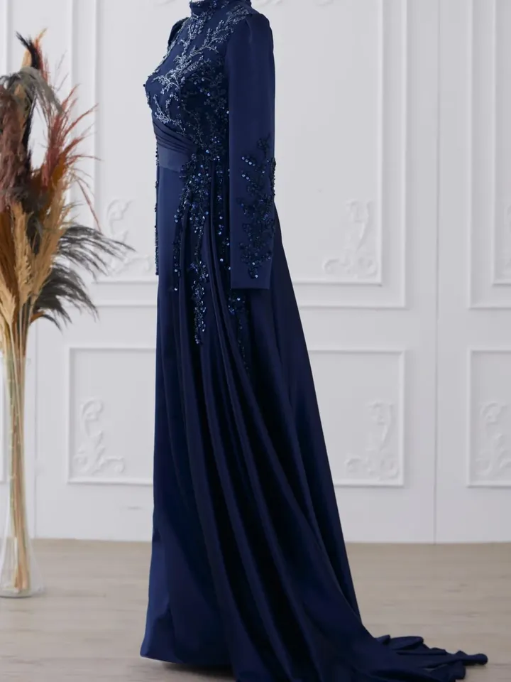 AHUNARE HIJAB - Tılsım  Navy Blue Satin Wedding Dress, Muslim Evening Gown, Nikah, Islamic Wedding, Engagement, Bridesmaid,